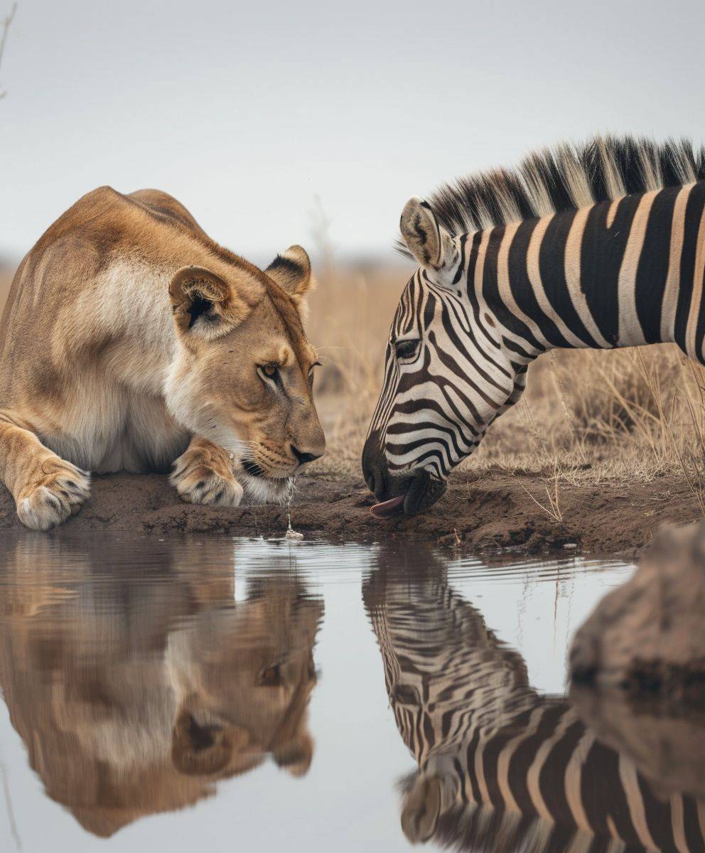 アフリカの乾燥したサバンナの池の水面を舐める雌ライオンとシマウマ。エレガントでミニマリストで、横から撮影