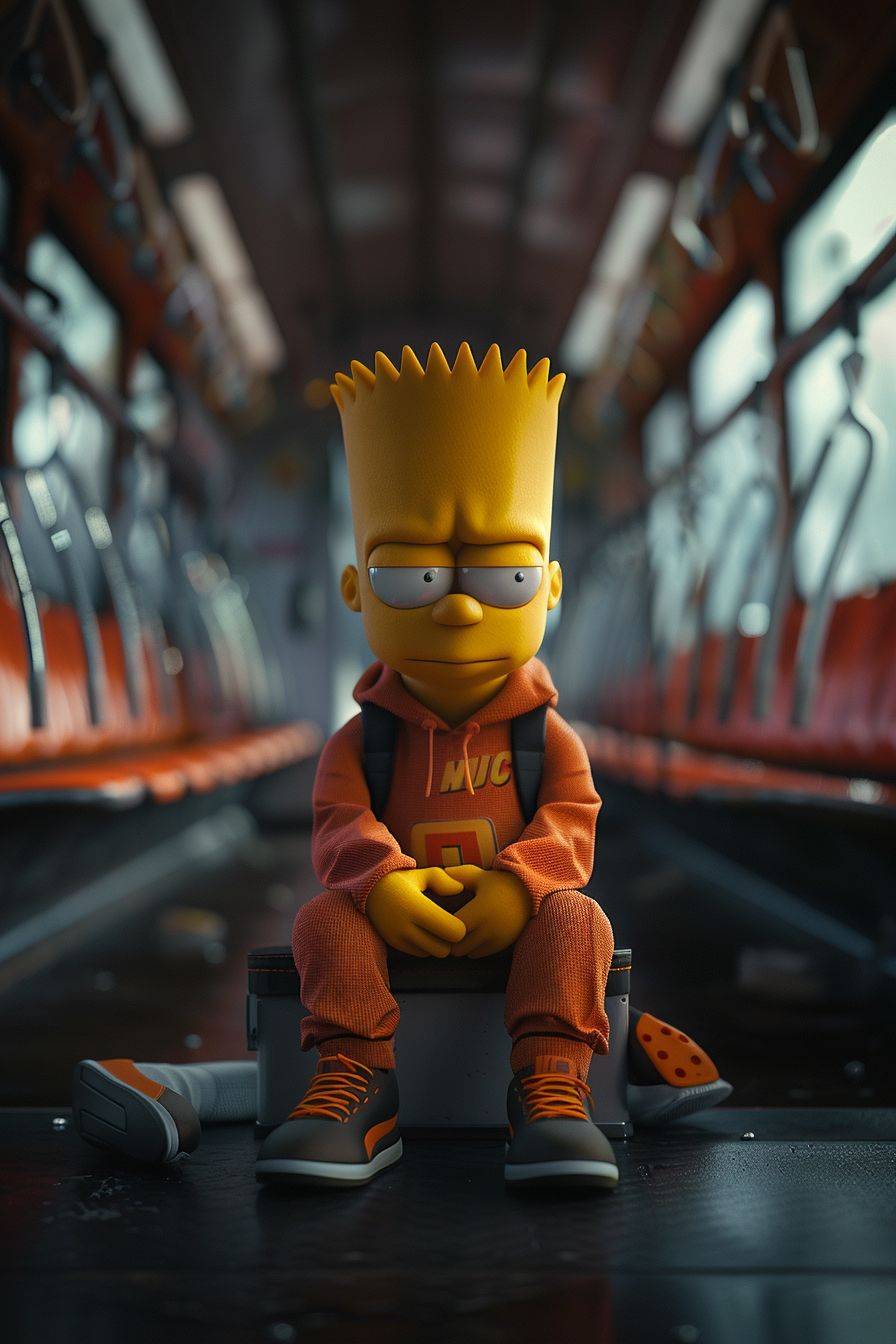 Bart Simpson is sadly sitting in the bus, wearing black and orange Puma sweatshirt and jogging pants, morning, realistic, unreal engine style