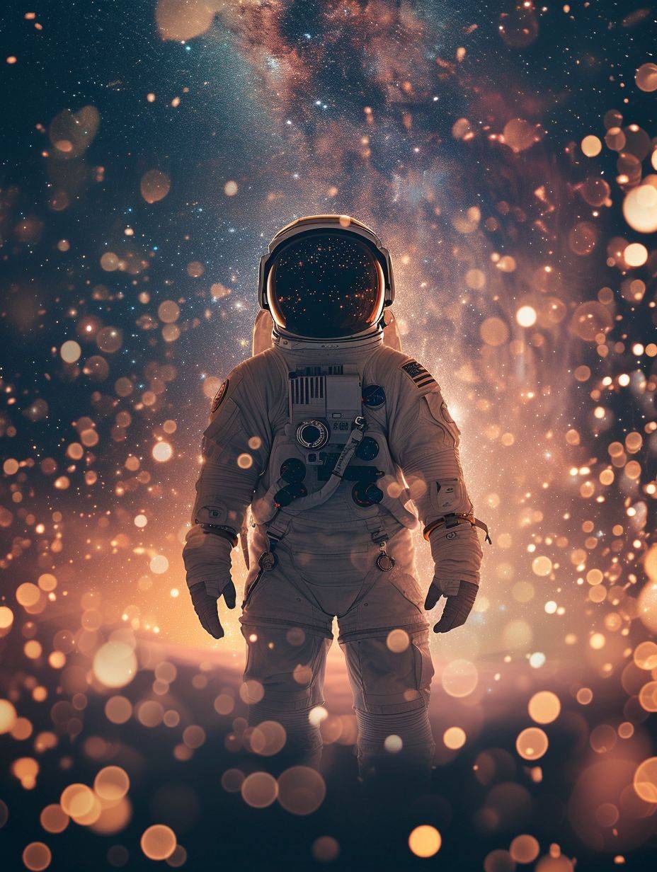 宇宙飛行士が暗闇の中で星を見ながら夕日を眺めています。詳細なファンタジーアートスタイル、32k UHD、ボケ、鉛筆イラスト、クォンタムパンク、想像力豊かなキャラクター、写実的なディテール