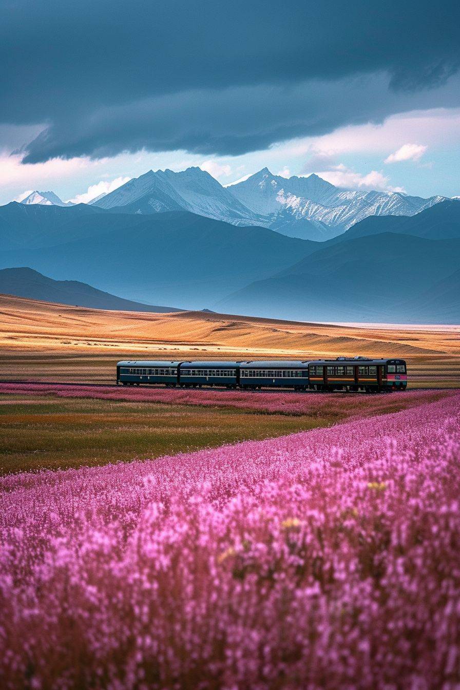청하이 티베트 철도는 중국 기차로, 아름다운 눈이 덮인 산들이 멀리 보입니다. 봄에는 꽃이 필드에 피어 신선하고 로맨틱한 느낌을 연출합니다. 낮은 각도의 시야, 최고의 이미지 품질, 사진 촬영상—ar 2:3—v 6。