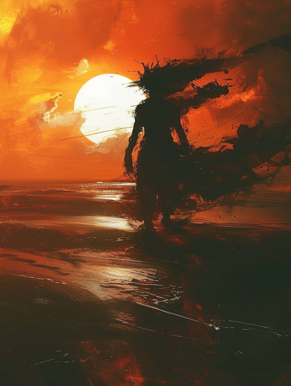 As the sun set over the tranquil beach, a mysterious figure emerged from the shadows, casting a haunting silhouette against the fiery sky. By Benedick Bana