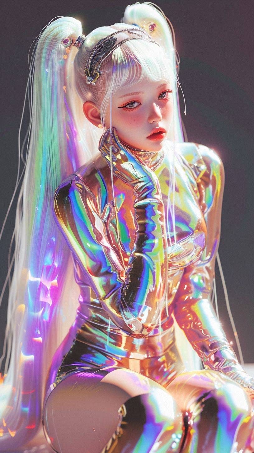 K-pop girl, wearing a chubby bodysuit, anime waifu, looking at viewer, highly detailed, Gel coat, reflections transparent iridescent colors, long transparent iridescent RGB hair, art by Serafleur from artstation, thick acrylic, illustration on pixiv, waist up portrait, gorgeous sacred girl, best quality, ultra detailed, sad, clever, beautiful face beautiful light on black background