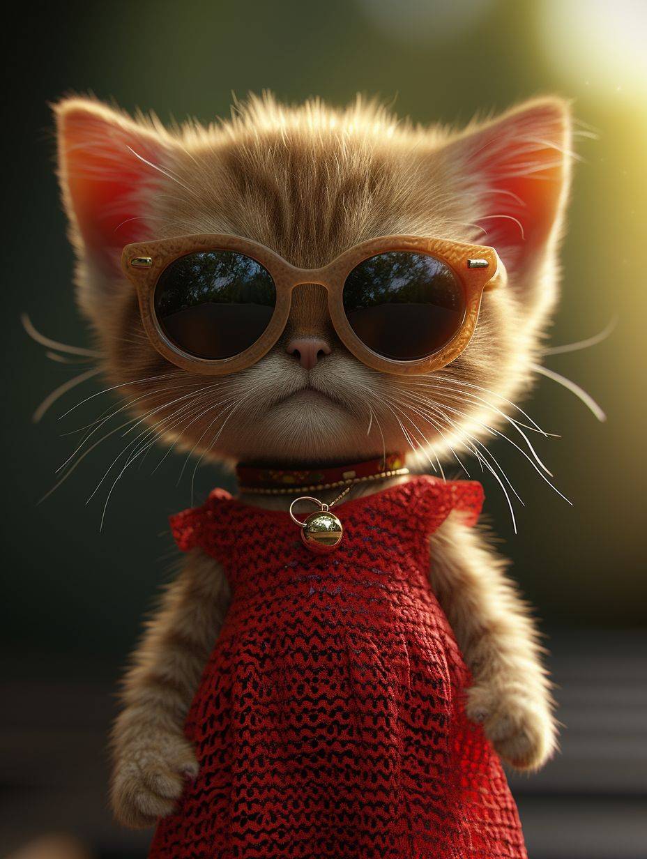 Generate a 3D three-dimensional cat, very anthropomorphic, wearing a red dress, wearing sunglasses