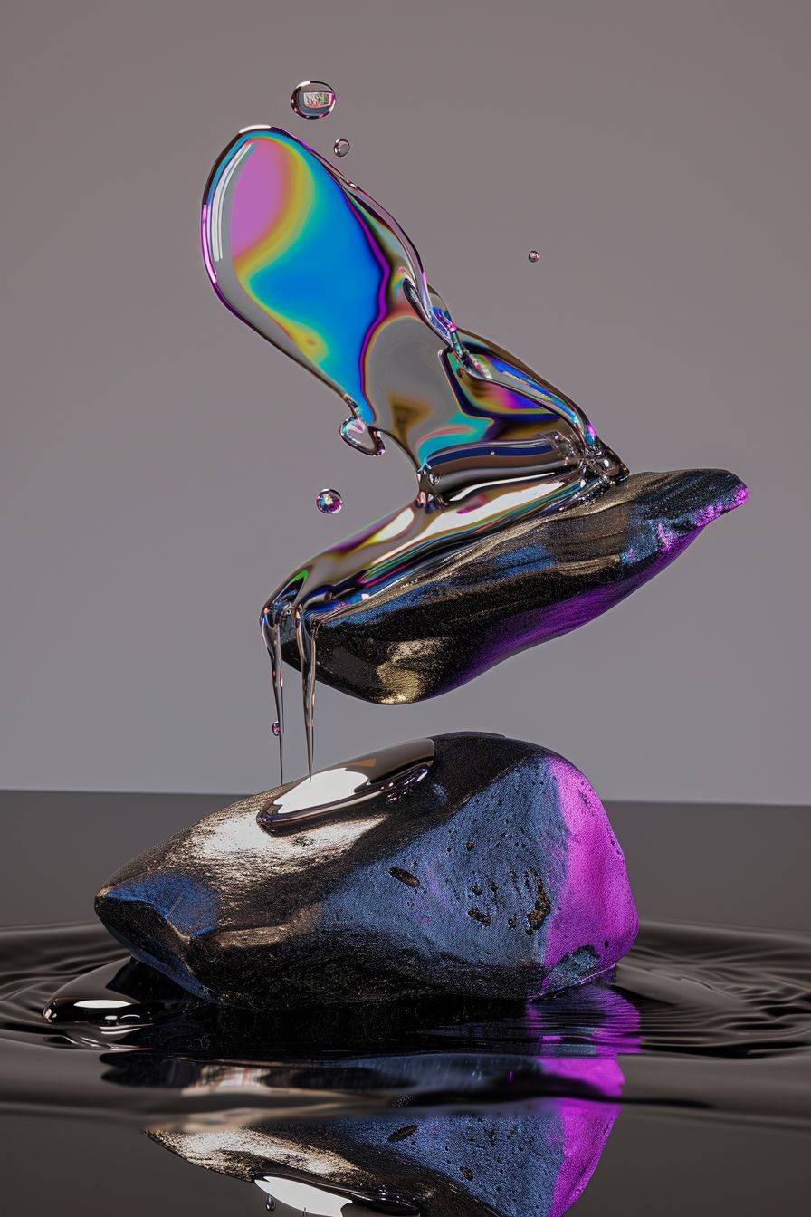 Liquid holographic vivid silver leaking from the stone, balance::2 dark grey olive cracked stone floating in the air, liquid holographic vivid silver leaking from the stone, in the style of vray, trace monotone, black, in the style of installation, 2:3 aspect ratio, velocity 6.0, contrast 5