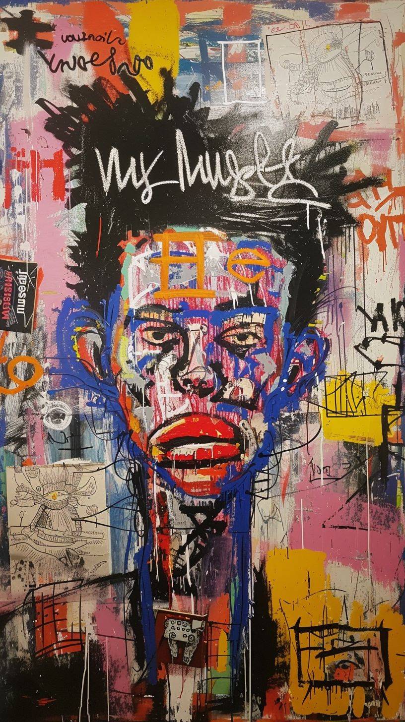 This artwork shows graffiti with a sentence that says 'musesai' in the style of Basquiat, art brut, and india ink.