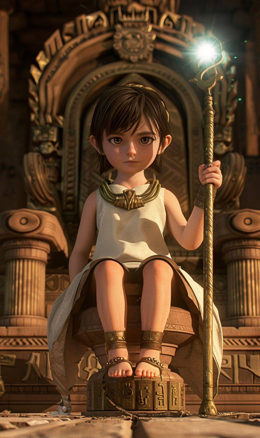 A three-year-old girl with smooth brown hair, cut into a pixie cut and without ponytails, sitting with a serious face on a high pedestal in an ancient temple, on a throne with a magical, glowing staff in her hand. The girl looks funny and cute in a Pixar fairytale style.