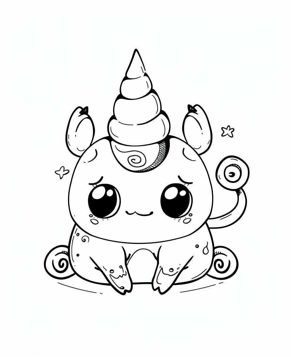 a coloring page for kids, kawaii creatures, thick lines, no shading, no color