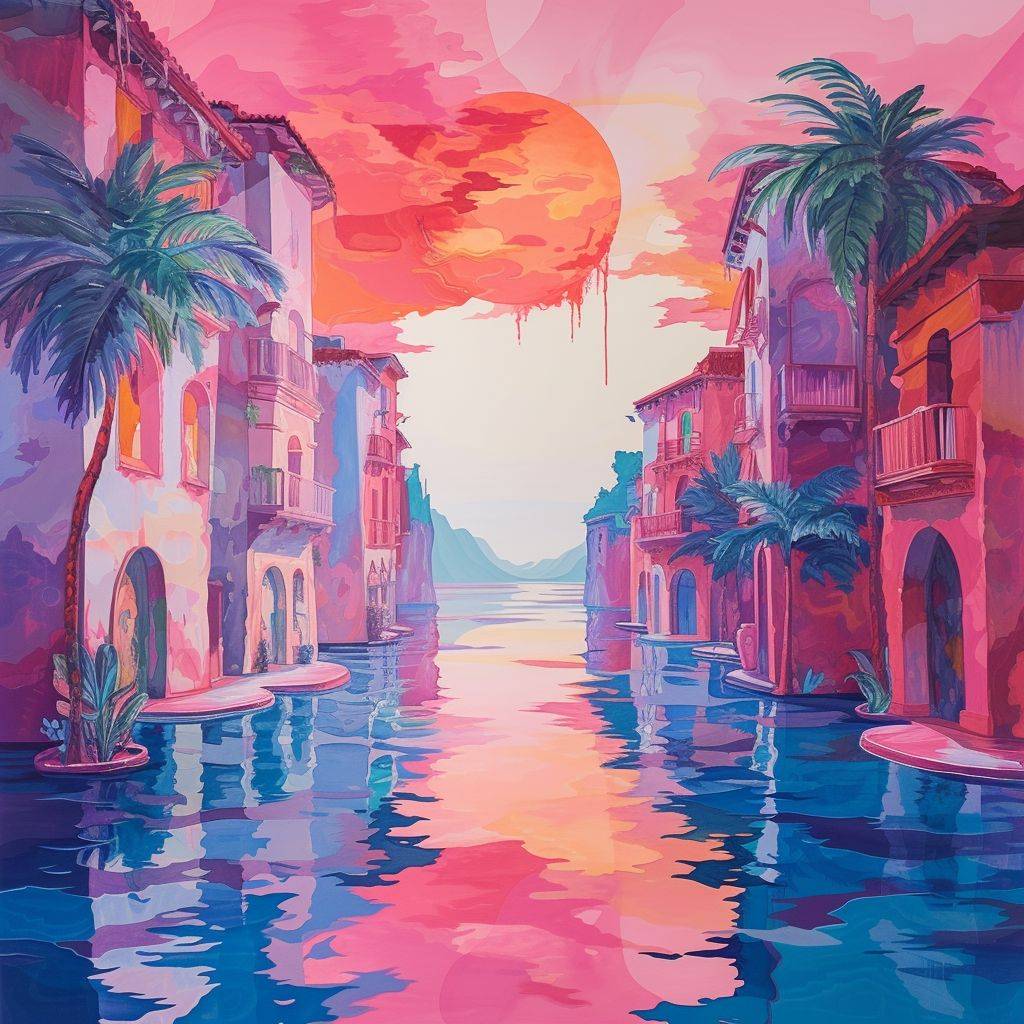 Amazing Landscape Pop Art Deco Painting, Maximalistic, Serene, stylized, Coastal Town, Watercolor ink paint, fuschia and peach color grading, highly detailed, volumetric, hyper realistic, 3D, award-winning, Sunrise, lovely