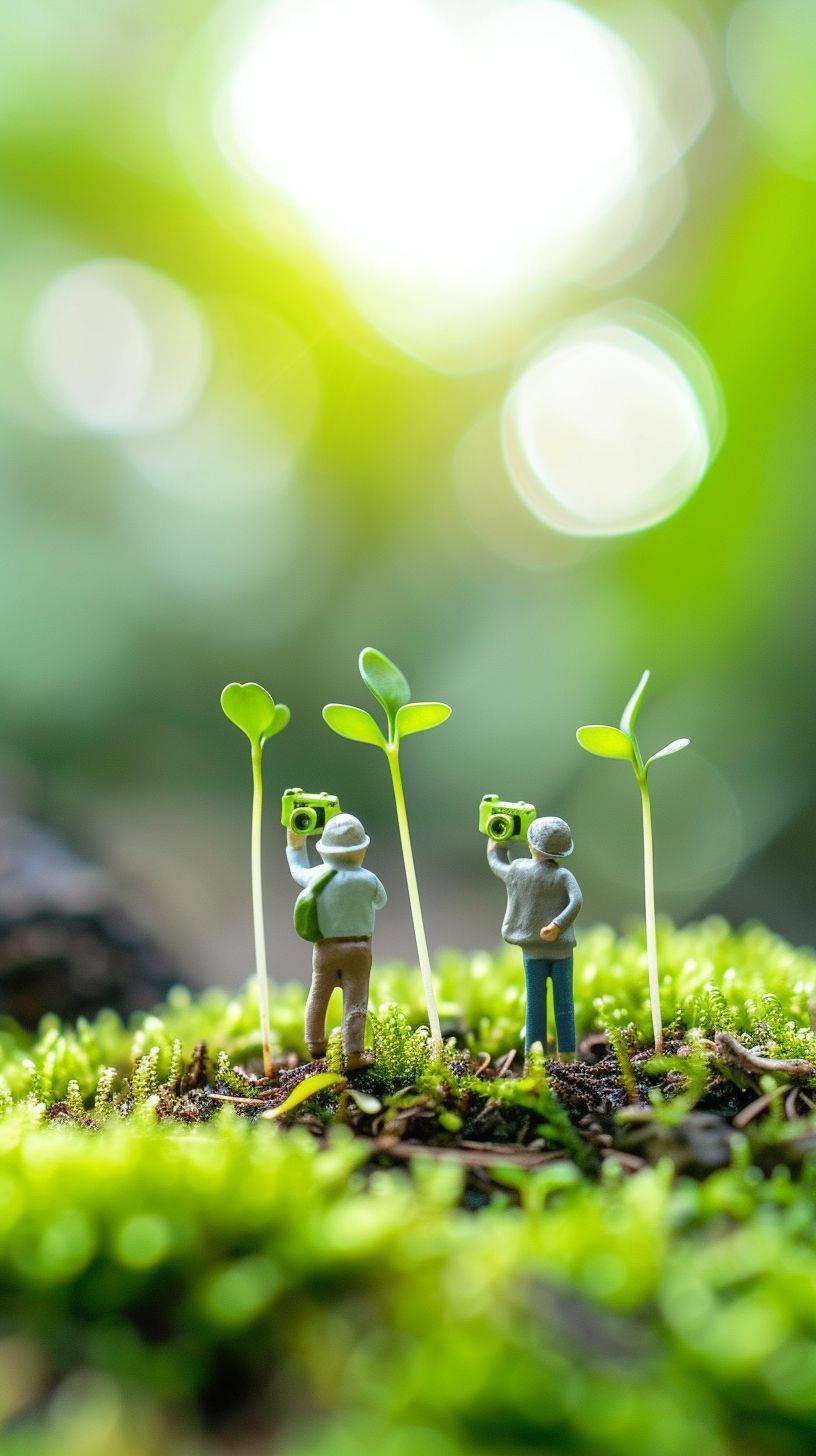 Masterpiece, best quality, a couple of miniature people taking photos while standing next to sprouts on the grassland, miniature photography, camera looking up --ar 9:16 --v 6 --stylize 50