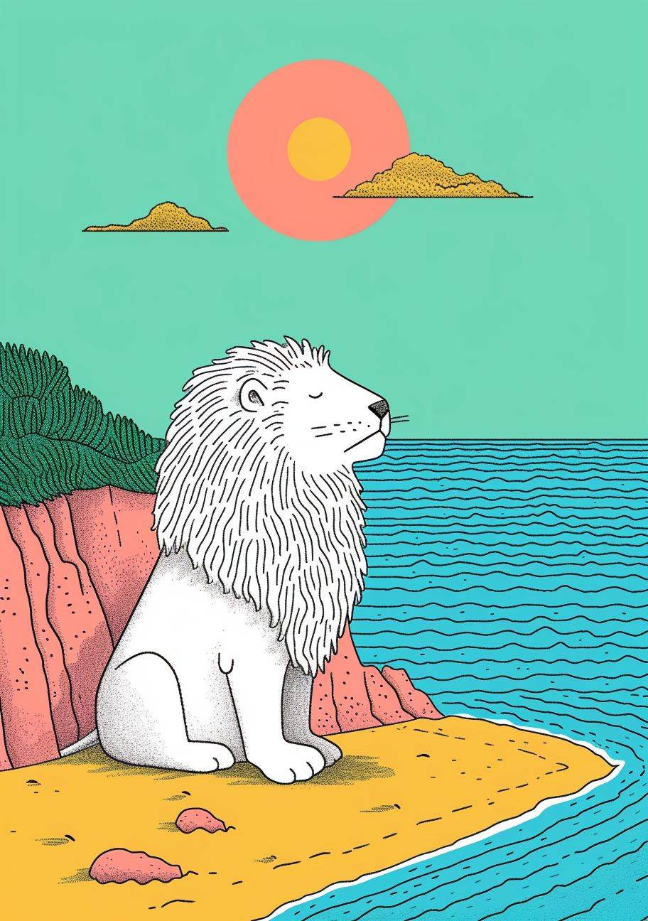 ビーチで夢見るような夕日の中に、ディルピールしているふわふわのライオンをミニマリストなイラストで表現。 Tim Lahanによるシンプルなイラスト。