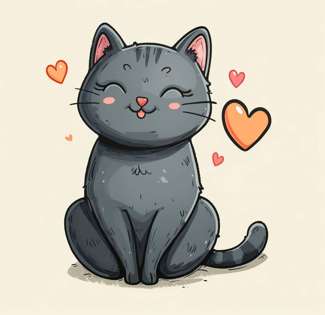 シンプルな線画のスタイルで、灰色の猫と心からのステッカーをアニメーションgifで作成してください