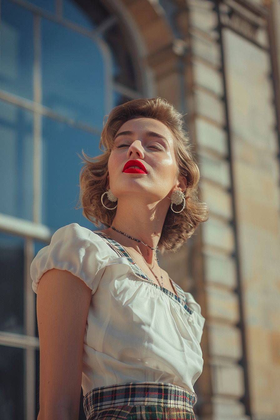 A beautiful woman in old-fashioned 1990s attire, wearing a lovely grunge style skirt made of plaid fabric and striking red lipstick, with delicate light makeup and detailed style, standing in front of a classic building on a London street, smiling and adorned with big earrings in the daylight. The shot was taken using a Phase One XT 104, overexposed by a specialist in high-format cameras, featuring urban underexposure photography with a polarizer filter, f/8, 90mm F/5.6 lens, capturing cinematic figures fading into the fog - ar 2:3