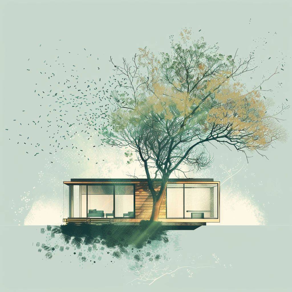 A cabin house, a tree with scattered branches behind it, minimalist illustration style, green macaron color scheme, 32kHD