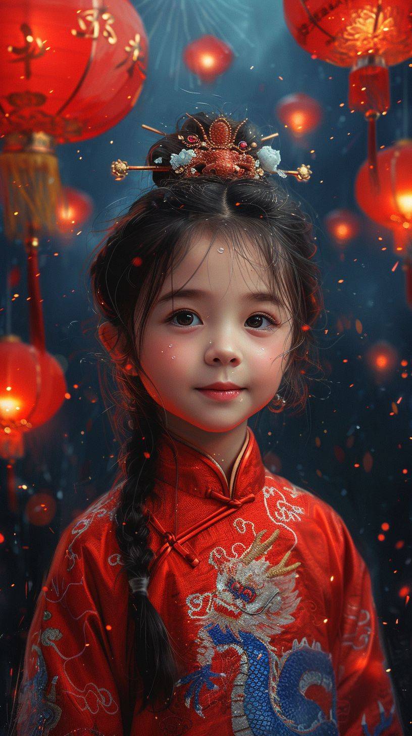 Chinese dragon painted by Wuguanzhong, adorable Chinese little girl, fireworks, very cute Chinese dragon funning, lanterns, smile, single color, red, celebratory, harmonious, joyful, soothing, elegant, happy new year, foil print, rendering with dots, flat illustration, vector illustration, line composition, sample detail, minimalism