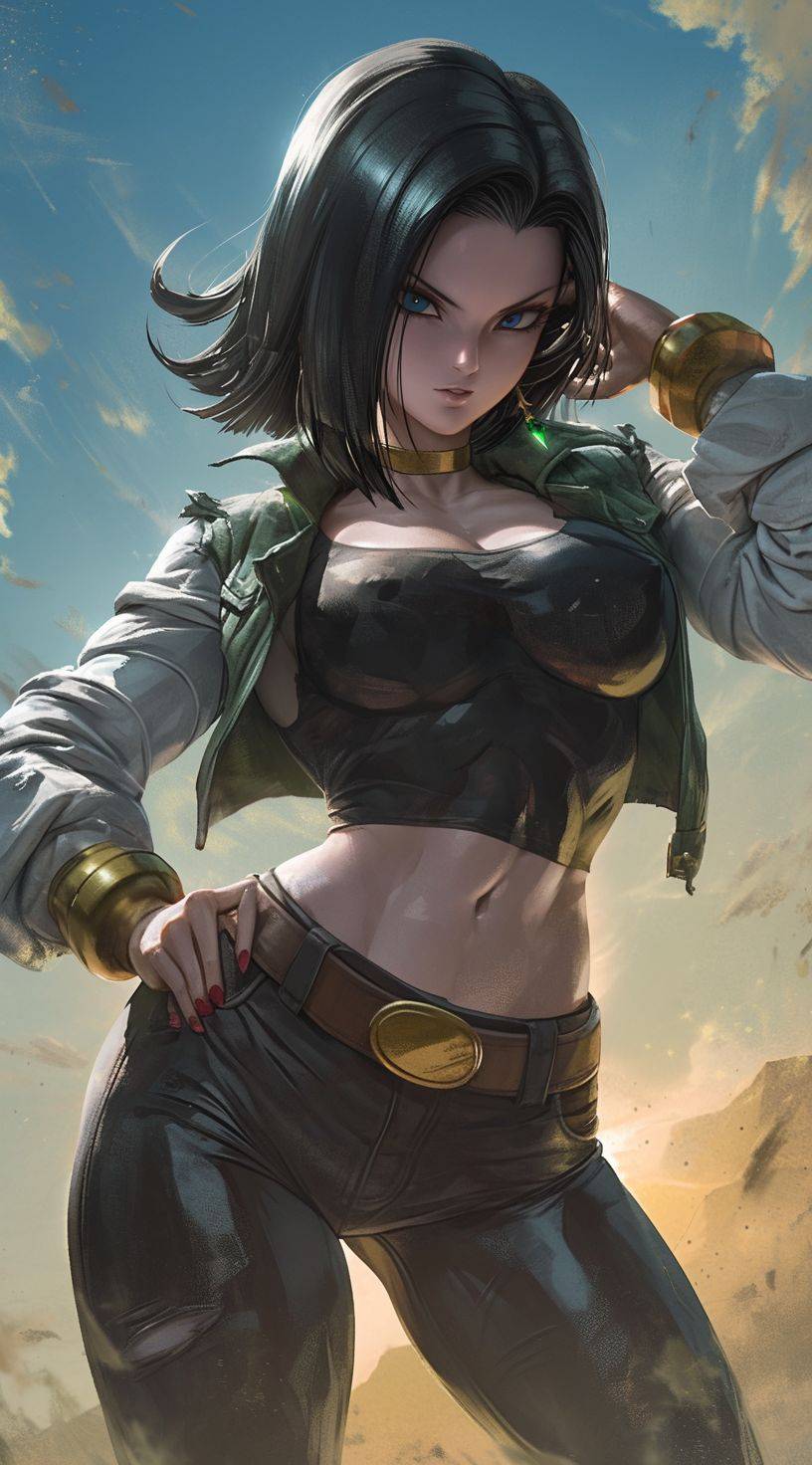 Dragon Ball Super character Android 17, in the style of Hajime Sorayama, textured surface layers, gold and emerald, dynamic outdoor shots, realist detail, expansive skies