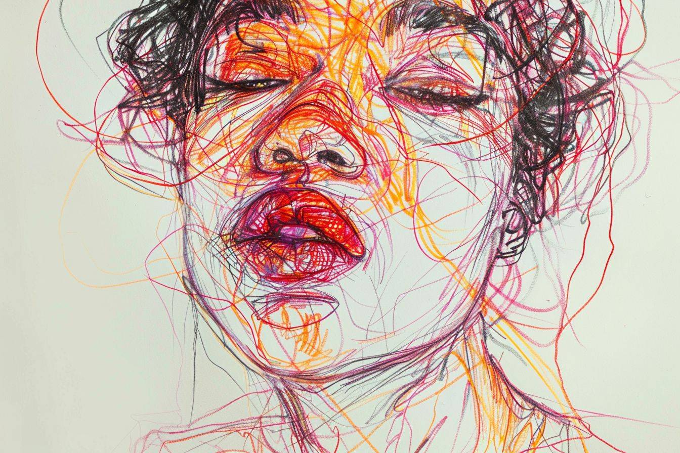 Bold and Vibrant line Illustration, Portrait Art, [Subject] [Color1] and [Color2], Wire Art, Captivating Portraits, Raw Aesthetic