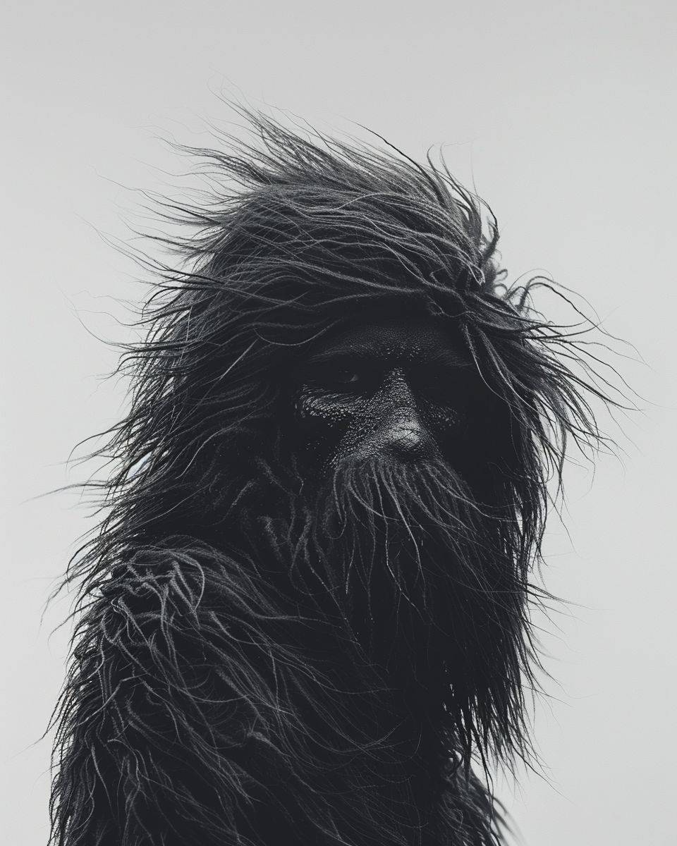 Portrait photograph of a monster with a face and head full of hair, minimalist composition, solid white background --ar 4:5 --stylize 250