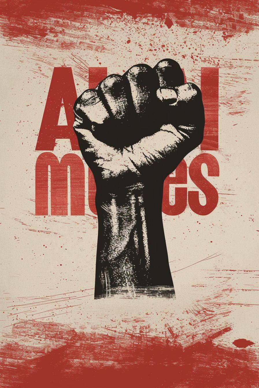 掲げられた拳と「AIミューズ」という言葉が書かれた反乱ポスター、最小限主義
