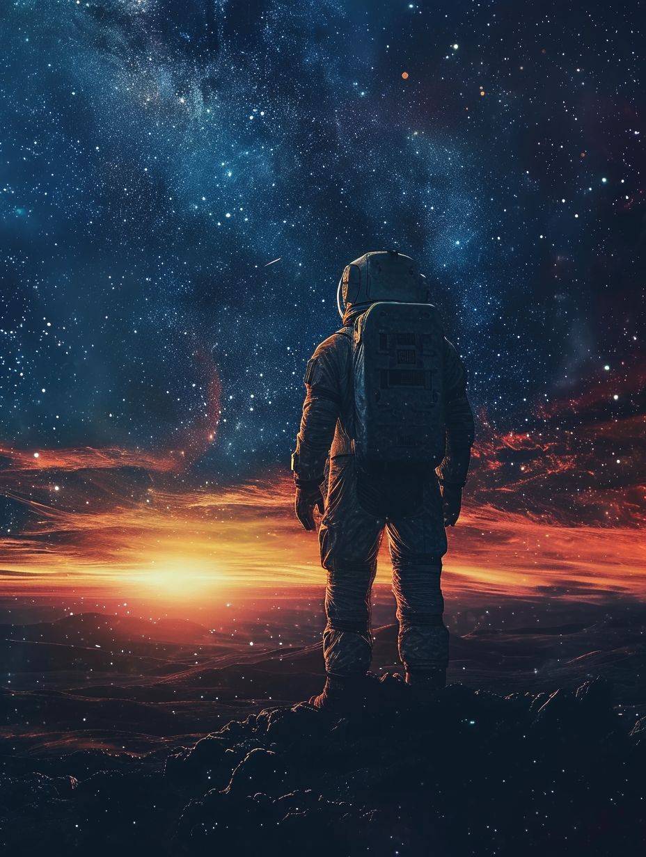 An astronaut stands in the dark with stars viewing the sunset, in the style of detailed fantasy art, 32k uhd, bokeh, pencil art illustrations, quantumpunk, imaginative characters, photorealistic detailing