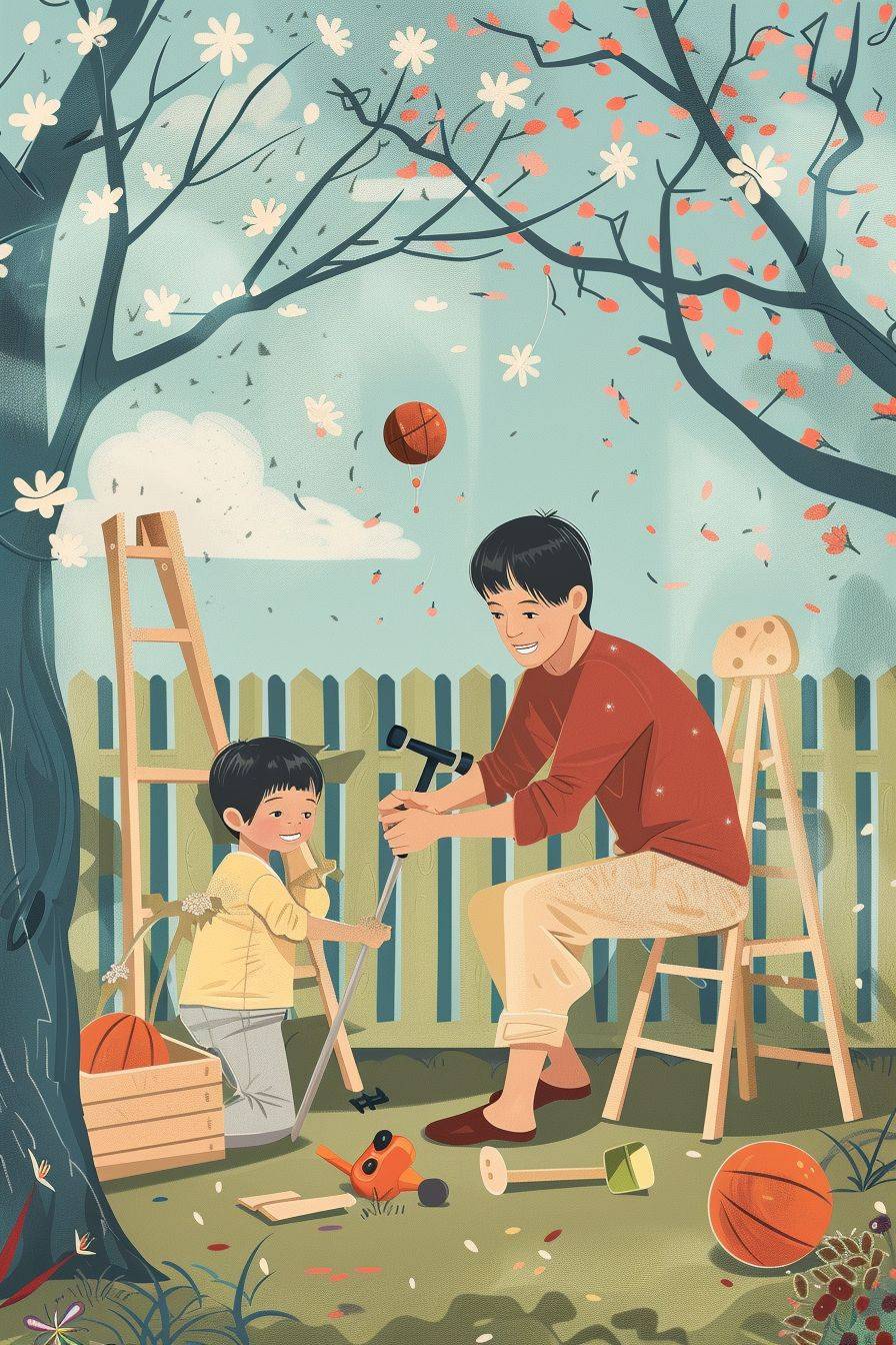 Vintage illustration, nostalgic, happy Asian daddy and son making small creative structure at his house garden, hammer, scissors, toys, balls, chairs, trees, flowers