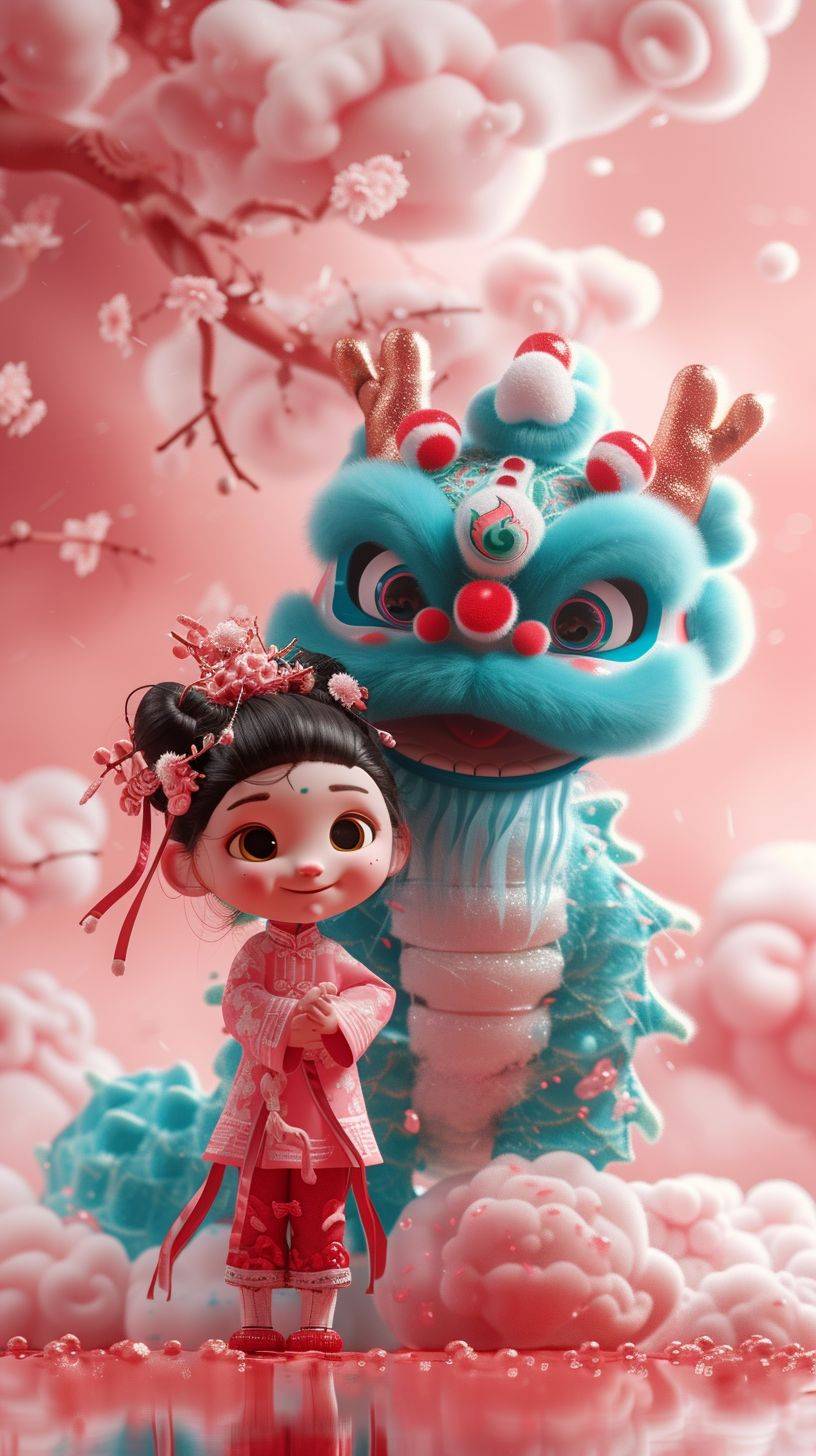 Pixar animation style, Chinese New Year. Pink background, made of marshmallow material, a big blue and pink Chinese dragon with a big smile, its tail is like a cloud, it has a colorful cloud on its head, standing next to it is a super cute little girl wearing traditional Chinese clothing, strong light effect --ar 9:16 --v 6 --stylize 250