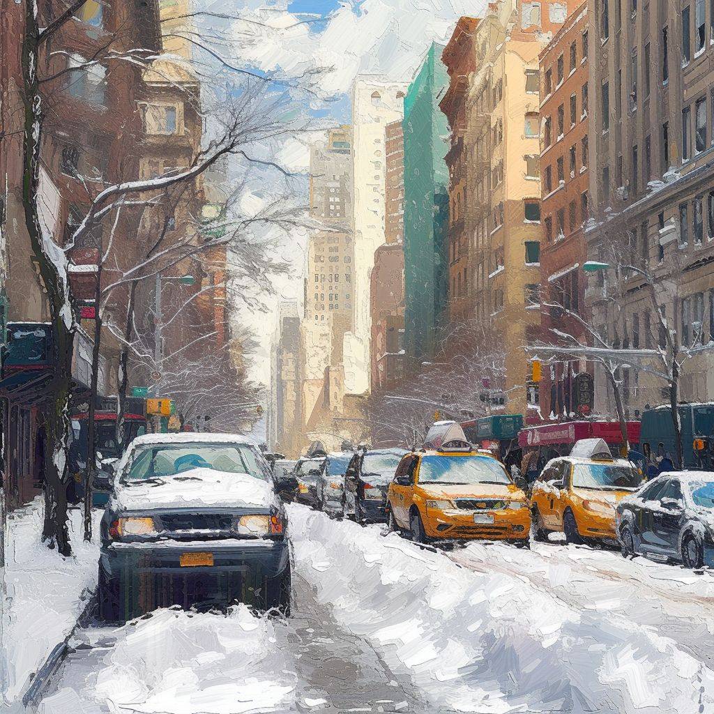 16ビットの油絵、ピクセルのような筆触、ノスタルジックなシーン、ニューヨークの美しい晴れた冬の日、柔らかい光、時代を超えた雰囲気