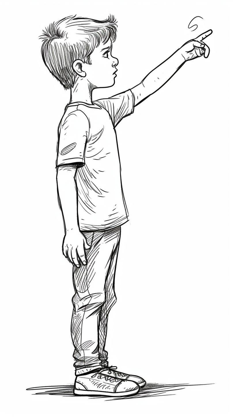 A cute, happy boy drawn from the profile. Looking to the side up reaching forward. The hand points to the right. Cute ink sketch style illustration. Full body. Hands up right