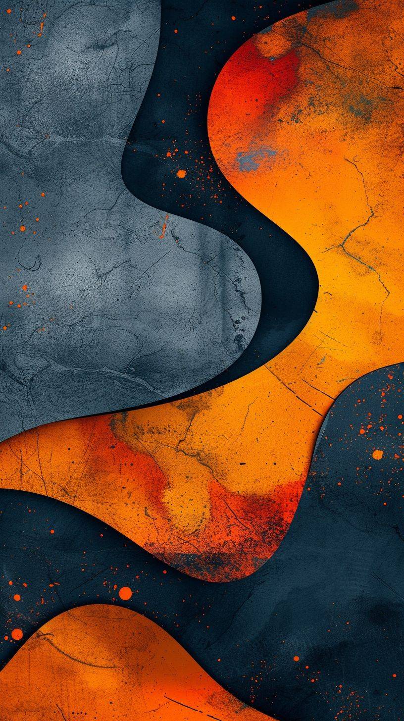Dark mode wallpaper of a phone featuring a colorful abstract piece, in the style of dark sky-blue and dark orange, polished concrete, rounded shapes, smooth and curved lines, primitivist elements, shaped canvas, and textured splashes.