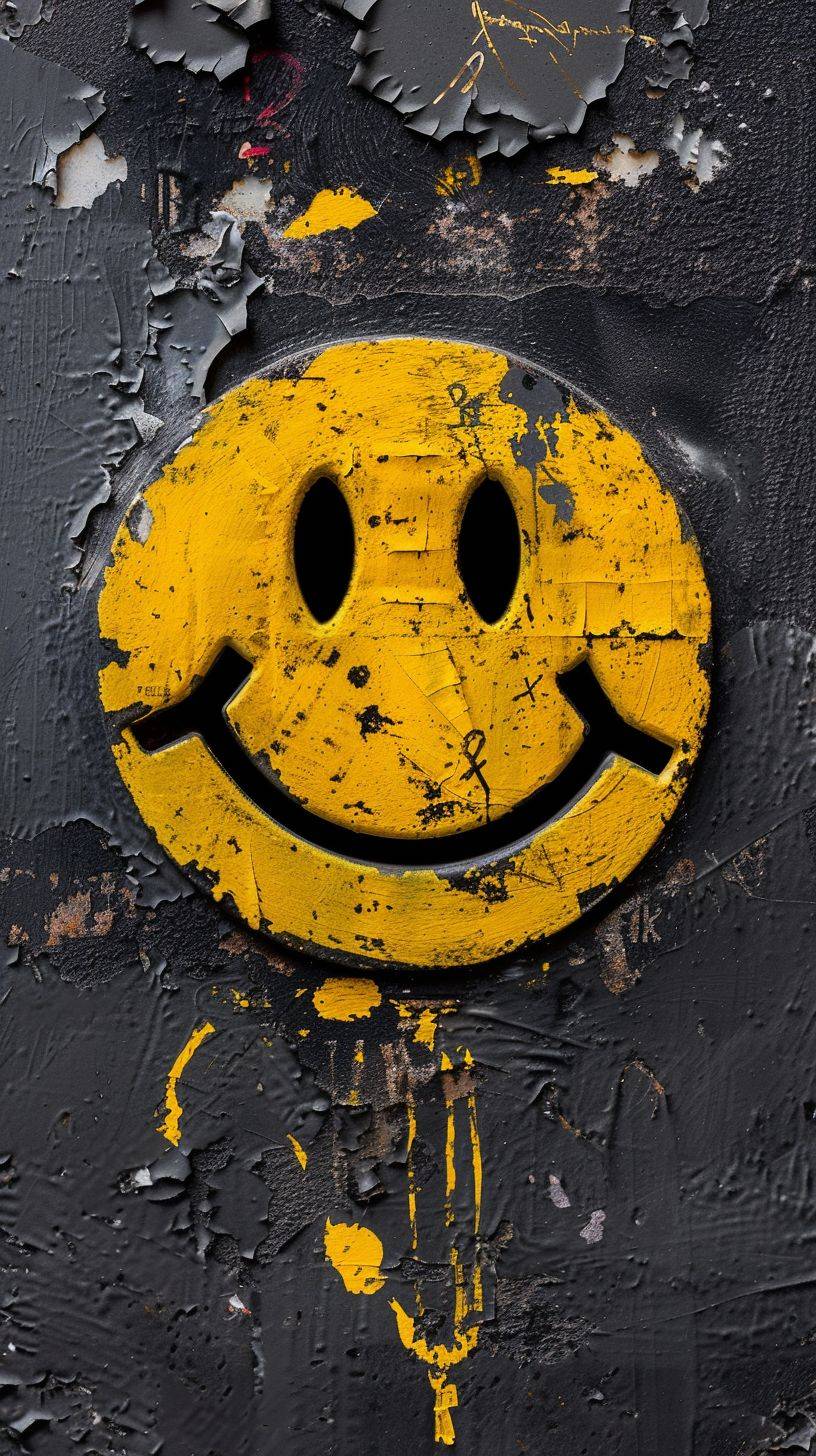 The image features a small smiley face logo with a seriously happy expression. There are grunge X's in the eyes. It is in a graffiti format, on a black background, with hyper detail, 8K, and HD.