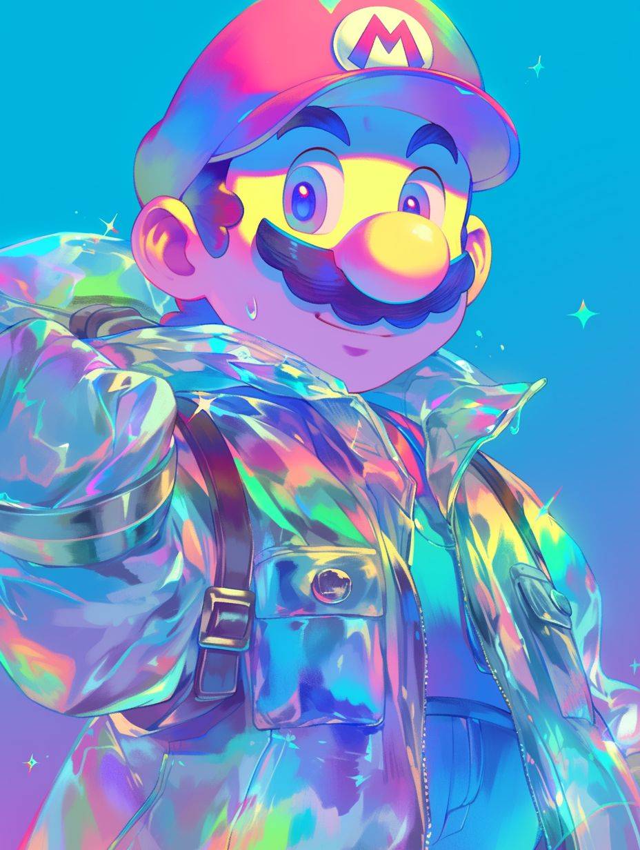 Super Mario wearing a semi-transparent fluorescent holographic raincoat, body, colorful background, pouncing. Lens, extreme close up, focus on face, IP by POP MART, blind box, combine, info, diamond, metallic