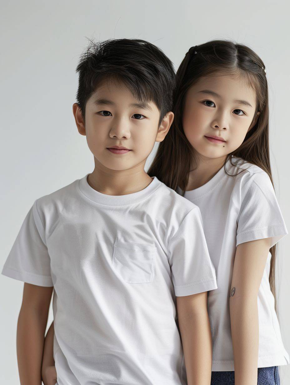 Advertising photography - a beautiful Asian boy and girl, wearing white t-shirts, skincare, bright, white background