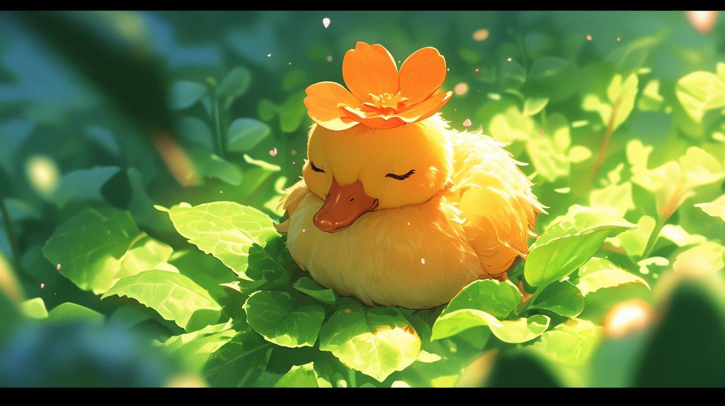 Chibi anime, an image of a charming duckling nestled among lush green mint leaves. The duckling has a soft yellow plumage that radiates a sense of warmth and innocence. Atop its head sits a whimsical hat shaped like a vibrant orange flower with petals elegantly unfurling. The flower hat adds a playful contrast to the duckling’s color, making it appear as if it’s part of a fairytale. The background is a natural setting, where the freshness of the mint leaves suggests a hidden garden. The scene should evoke a feeling of enchantment and delight, capturing the duckling’s serene expression as it sits quietly, blending into its verdant environment yet standing out with its unique floral adornment.