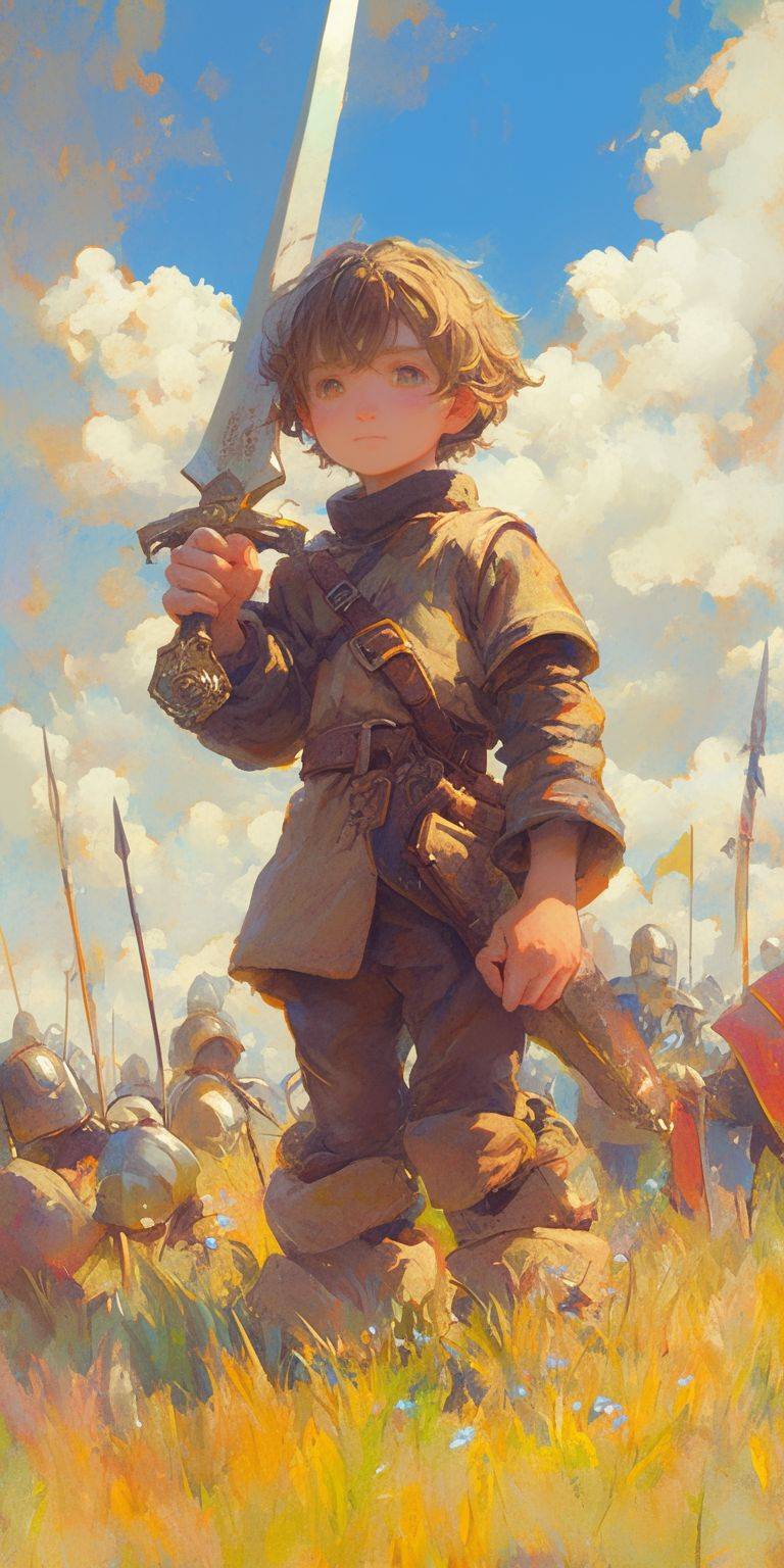 少年が友達と一緒に騎士ごっこをしている様子、架空的なアートのスタイルで夢幻的で可愛らしく、緻密な筆使い、魅力的なキャラクター