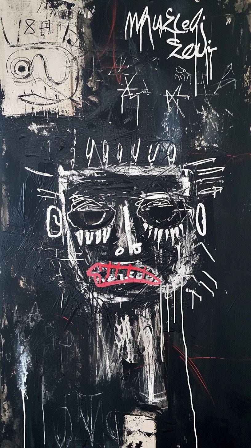 This artwork shows graffiti with a sentence that says 'musesai' in the style of Basquiat, art brut, and india ink.