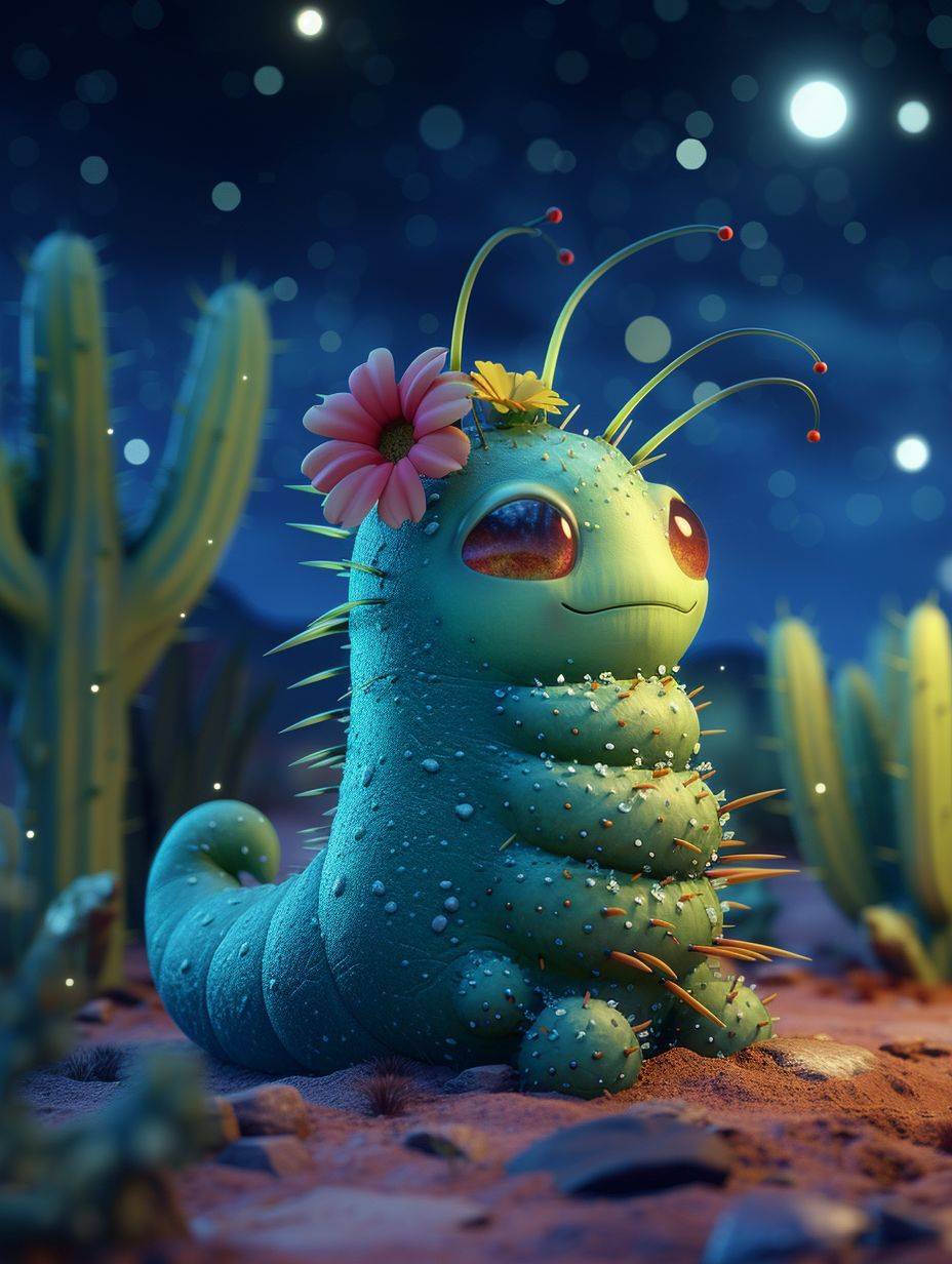Cute roly-poly creature with cactus spikes and a flowery tail, 3D print illustration, smooth animation, desert oasis at night scenery
