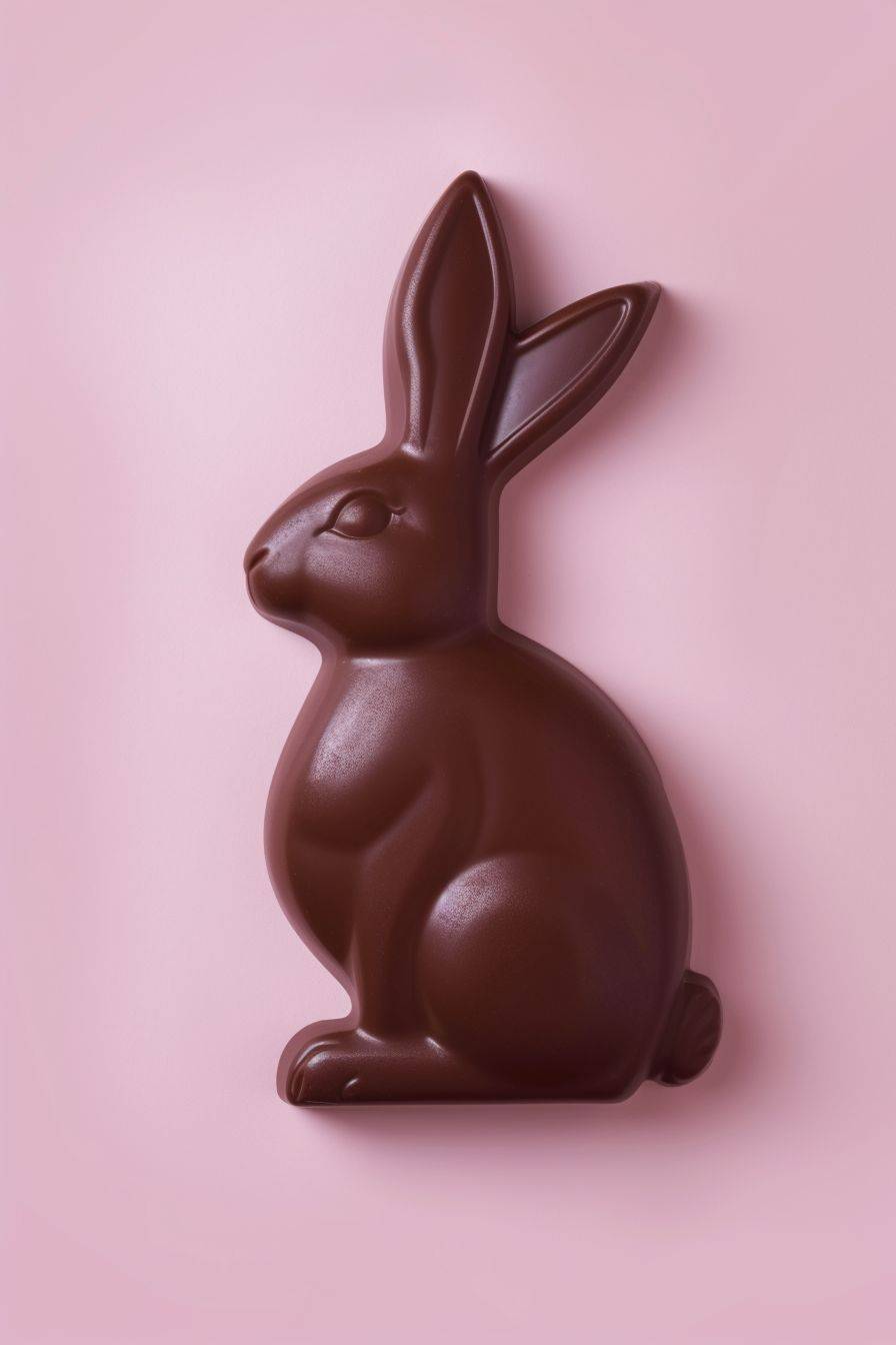 Rabbit shaped chocolate bar, hyper realistic, isolated on pastel pink background