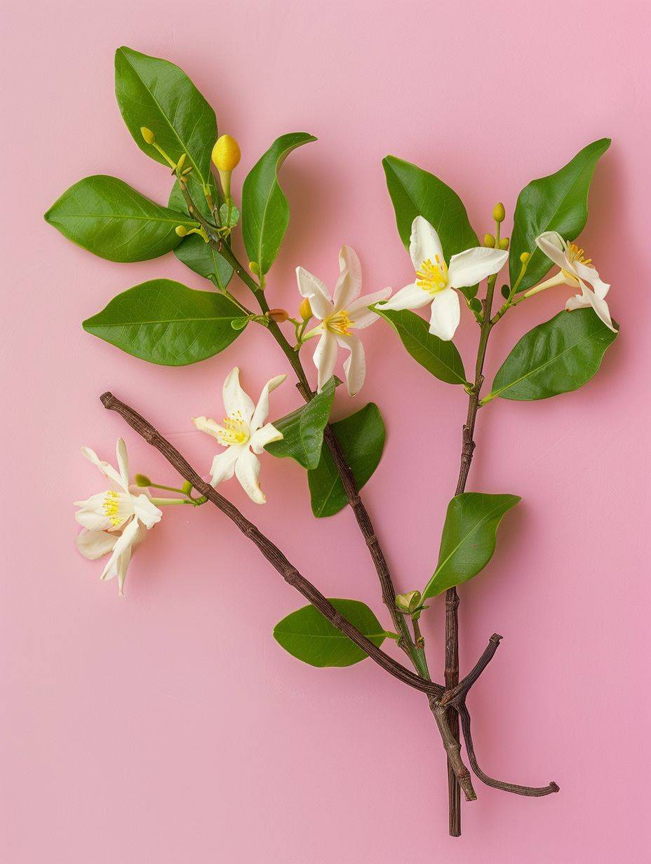 Studio professional photograph of isomerism, on the scene jasmine flower, small vanilla flowers on pink background color, photorealism