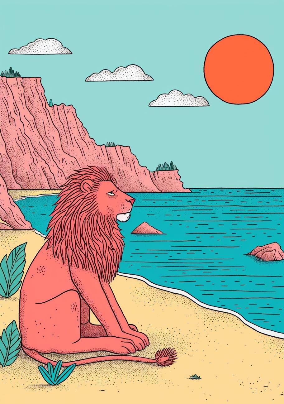 A minimalistic illustration of a derpy looking fluffy lion standing on the beach, with a dreamy sunset in the background. Simple illustration by Tim Lahan.