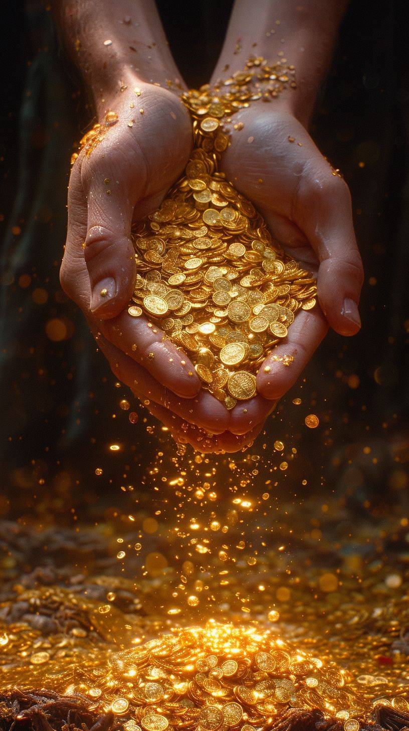 Conclude with an image that captures the hands still holding the overflowing golden coins, surrounded by an all-encompassing golden brilliance. The scene epitomizes a moment of unparalleled affluence and prosperity, leaving an indelible impression of boundless wealth.