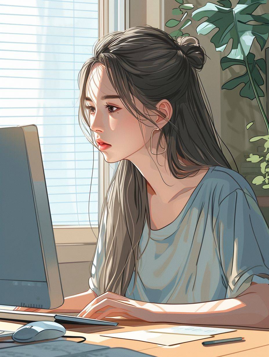 Laid-Back Girl Not Wanting to Work, Page Illustration, Minimalism, Flat Line Drawing, New Gongbi Style, Ink Rendering, Zen-Inspired, Wide Angle View, Realistic, Slacking Off, Over Shoulder Long Straight Hair, No Bangs, Hair Band, Casual Working Outfit In Front of the Computer, Resigned and Lazy Expression, Simple Home Background, Soft Natural Light, Home, Clean, colorful 