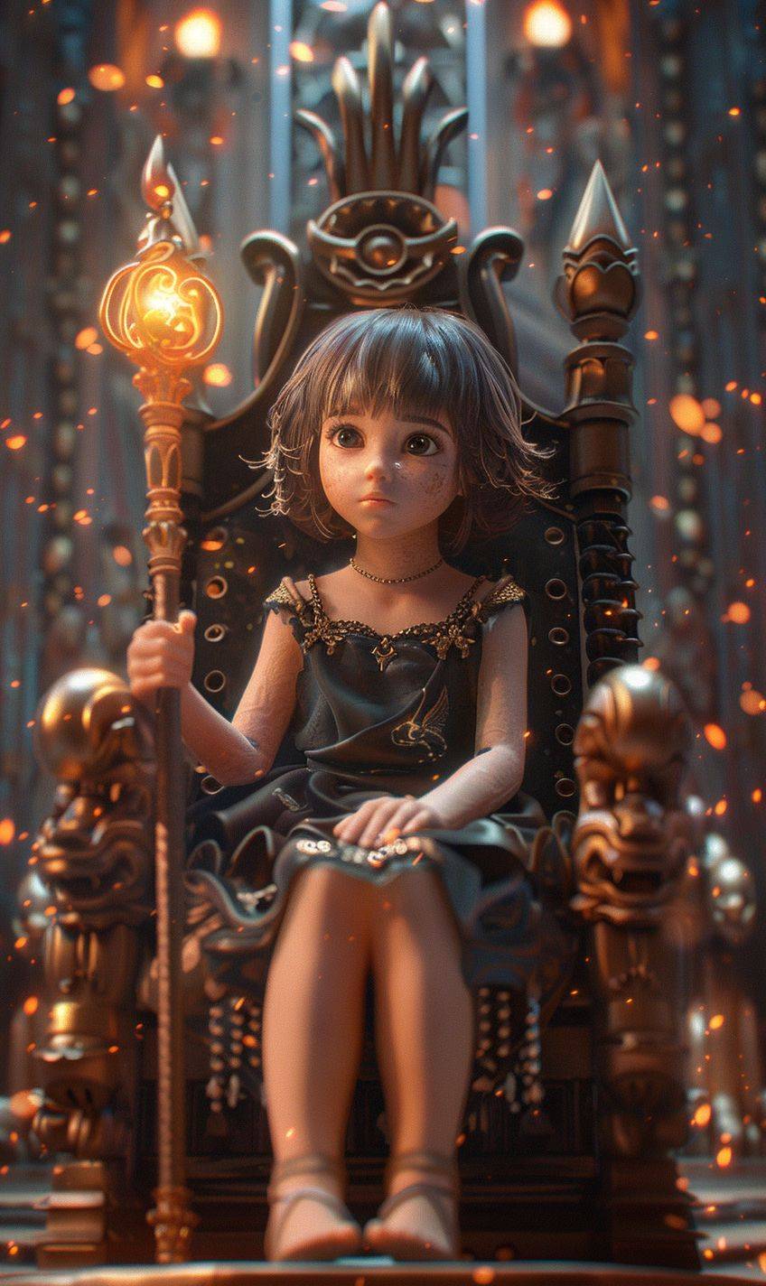 A three-year-old girl with smooth brown hair, cut into a pixie cut and without ponytails, sitting with a serious face on a high pedestal in an ancient temple, on a throne with a magical, glowing staff in her hand. The girl looks funny and cute in a Pixar fairytale style.