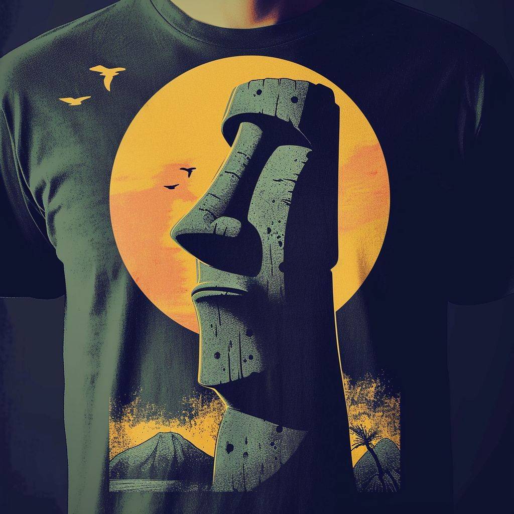 Design a T-shirt with a minimalist style featuring an image of a moai from Easter Island