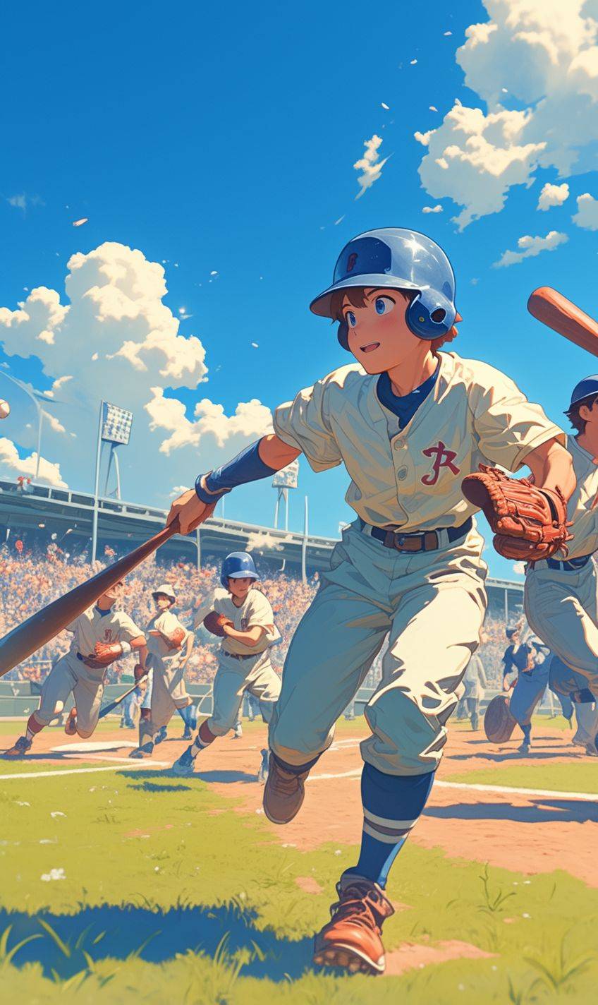 Cartoon poster, young players running on the baseball field, training in the baseball field, wearing baseball uniforms, baseball caps, holding baseball bats, anime cartoon, Shinkai style