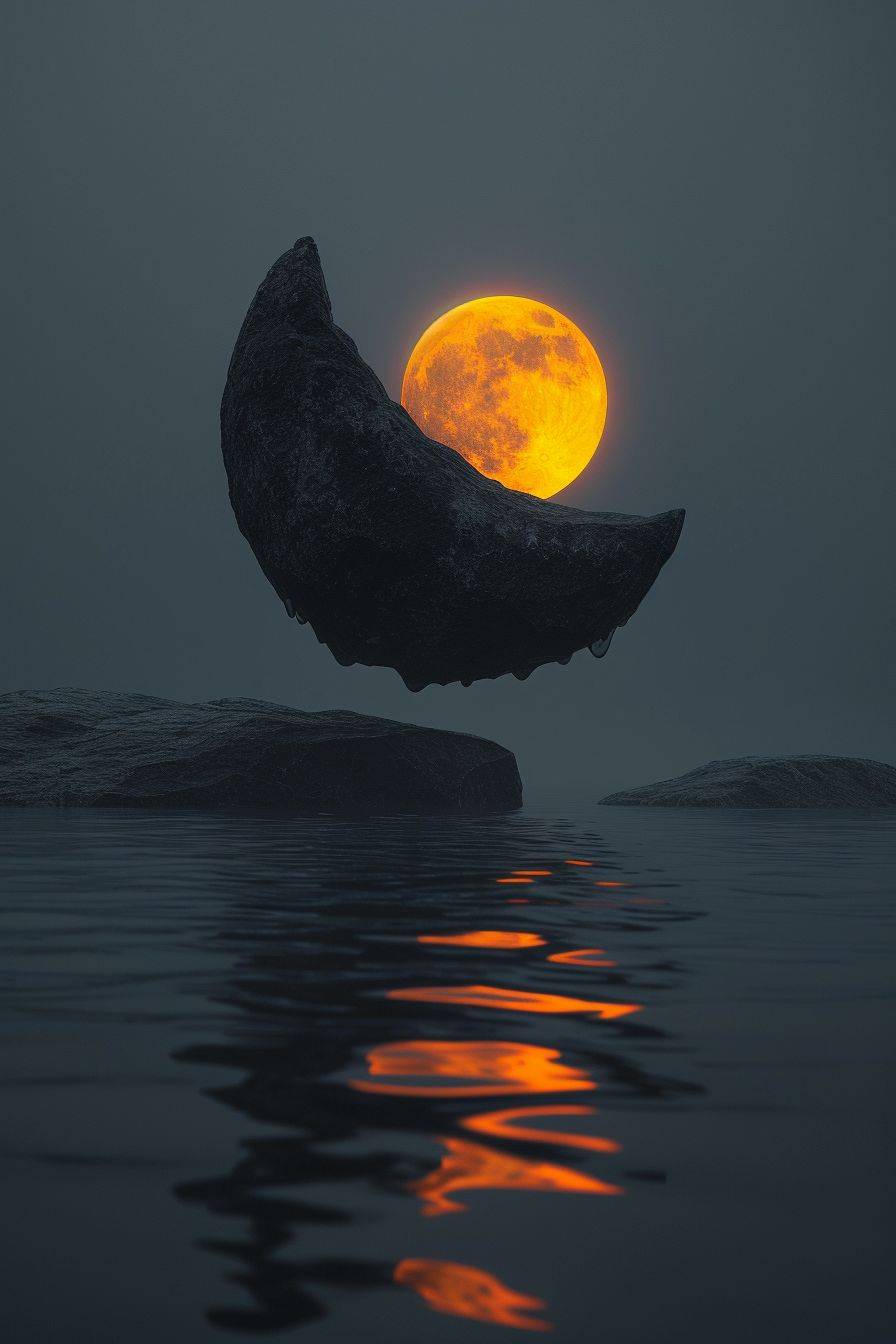 Minimalist rock floating in air, aura, water waves, centered, 3D, calm, Norwegian nature, minimalist night, fog, warm yellow orange moon light in fog, dark purple, dark grey, black, misty atmosphere