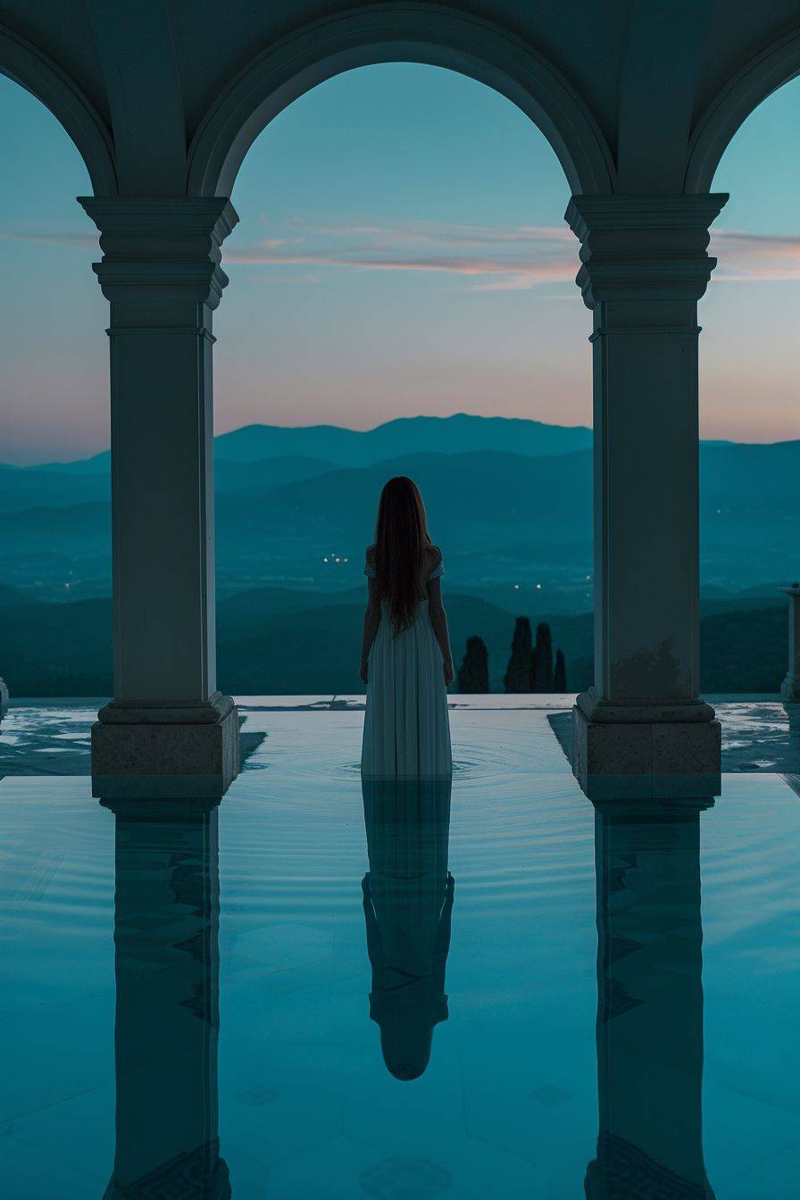 A full body view of the beautiful Greek princess in an ancient Greek monumental pool with a view of the mountains in the distance, at the early morning light, dramatic moody scene, blue cinematic tone, dramatic and stunning award-winning photo, dramatic linear delicacy, hyper-realistic skin, global illumination, very natural features, TIME cover photo, blue cinematic tone, dreamy atmosphere, shot on Hasselblad, highly realistic, photography, depth of field, extremely detailed, ultra sharp.