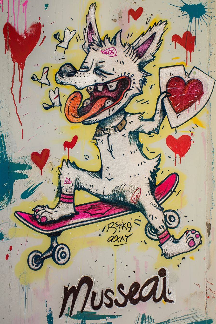 An old school American tattoo design featuring an anthropomorphic punk rock dog character skateboarding in an outdoor skate park while holding a paper heart Valentines Day card, in the style of Kenny Scharf, urban landscape, Stephen Ormandy, grotesque caricatures, punk rock, goth, surreal symbolism, Steve Sack, Salvador Dali, Surreal, Street art, graffiti, bright sunny day, 'musesai' script calligraphy in the sky, Valentines Day style raw