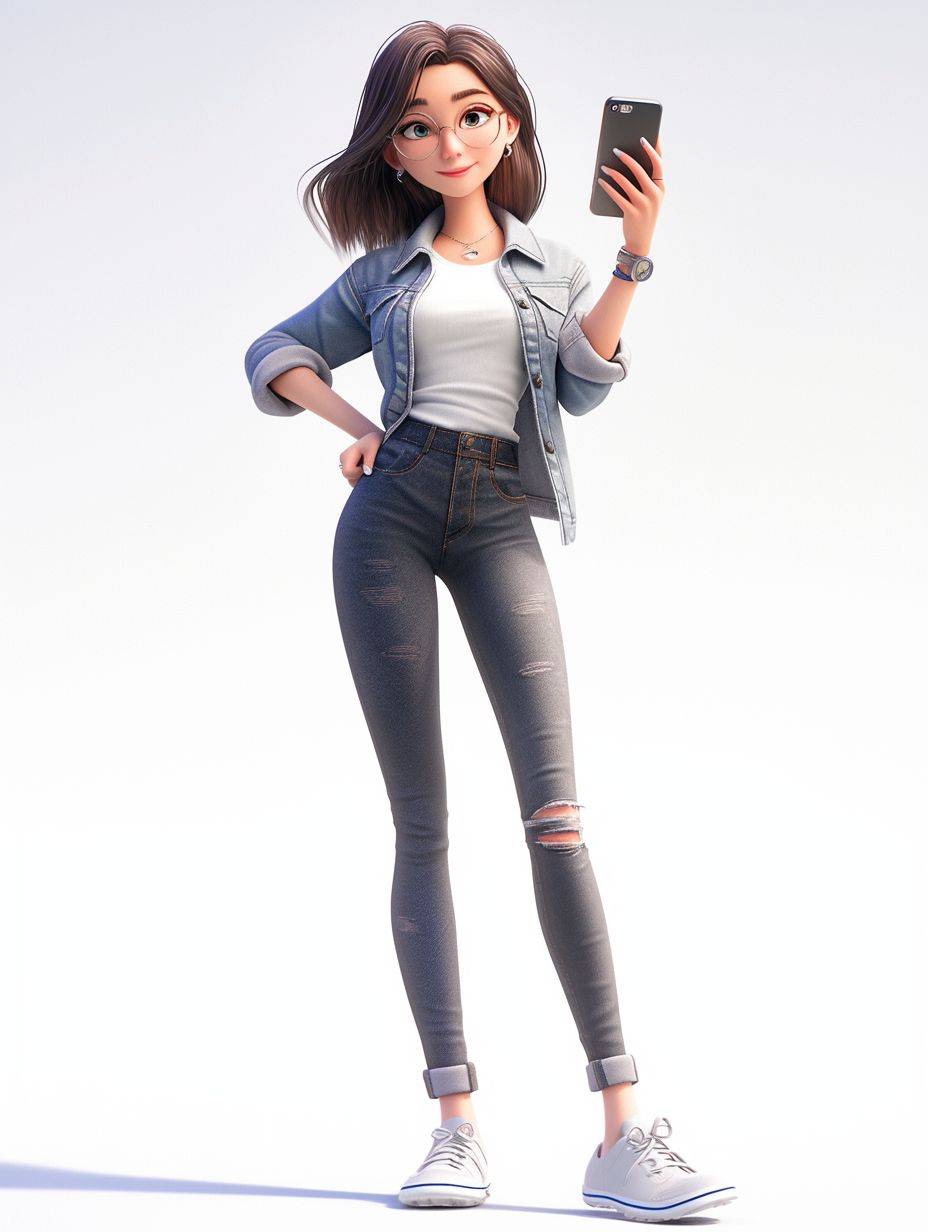 Lily is a 26-year-old Asian art teacher who takes photos with her phone. Happy, blind box toy, white background, clay, blind toy, image wave, Octane render, Maxon Cinema 4D, high detail, hyper quality, 8K Resolution, 3D
