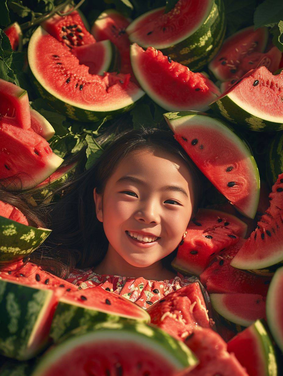 9-year-old Chinese cute girl was buried in a watermelon pile,the sun shining on her face, big smile,dramatic cinematography,Camera shot,shot on fujifilxt4,cinema lighting,ultra-detailed hyper-realism photo,realism,8k --ar 3:4 --v 6