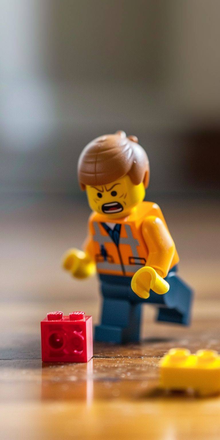 A Lego man is angry after stepping on ONE VERY tiny Lego block on the floor, only one little LEGO cube