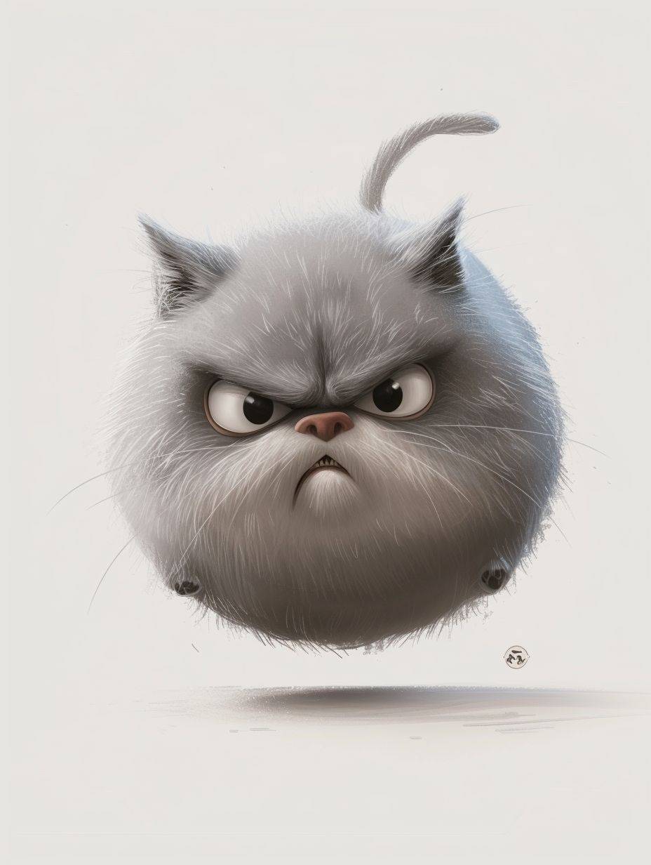 怒っている表情を浮かべたふくよかでふわふわしたアニメの猫が空中に潜んでいる